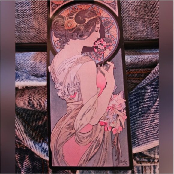 NEW Forever 21 Alphonse Mucha Stained Glass Acid Wash Blue Denim Jacket S - Picture 10 of 10